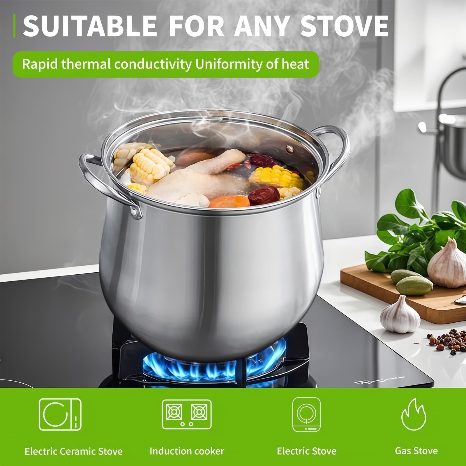 TEMU 1pc Heavy Duty Stainless Steel With Lid - Large Capacity, Thickened Design For Induction And Gas Stoves - Soups, , , And Steaming