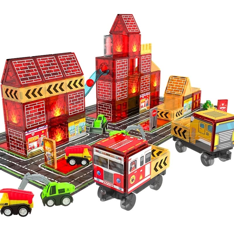 TEMU Children's Magnetic Tile Toys, Featuring A Fire Truck And , Buildings, , And Car Toys., Educational Toys, Transportation Toys, Young