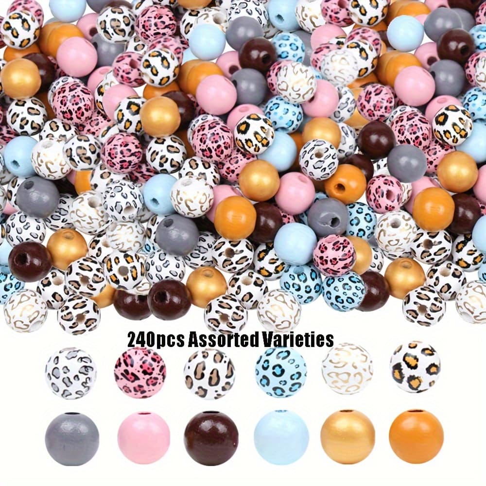 TEMU 240pcs Random Style 16mm Leopard Print Wood Beads For Jewelry Making, Colorful Loose Wooden Beads Handmade Bracelet Necklace Beads Accessories
