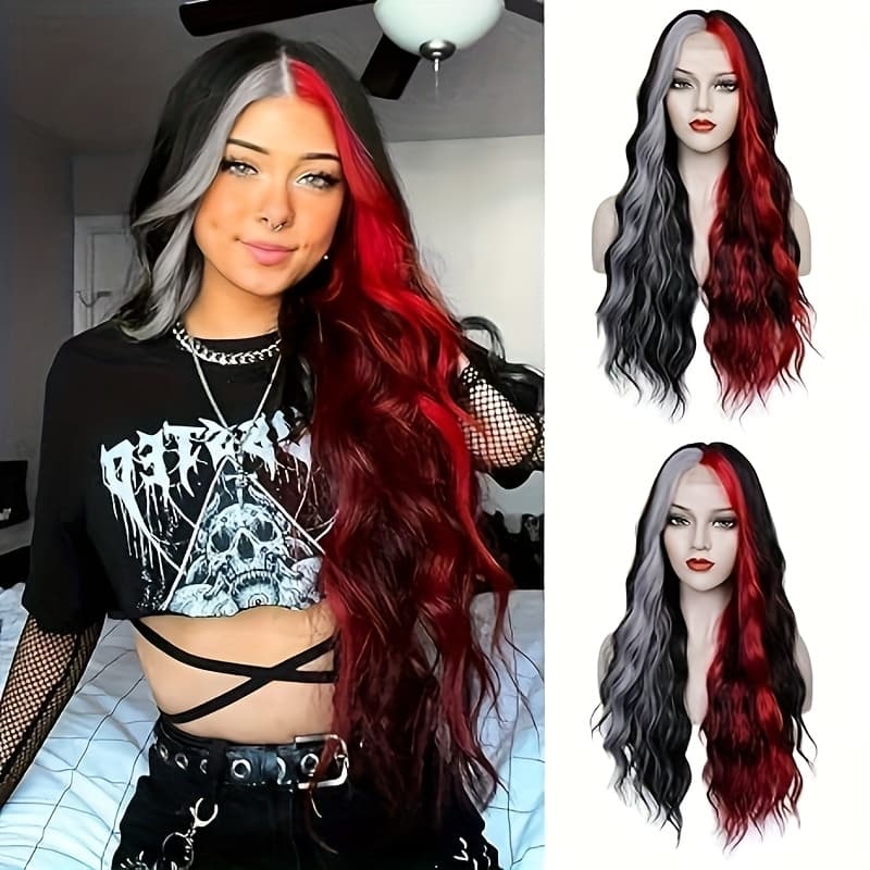 TEMU 28-inch Long Synthetic Wig With Black-red Curls, Perfect For Halloween, Cosplay, Or Everyday Parties. Made From Heat-resistant Fibers