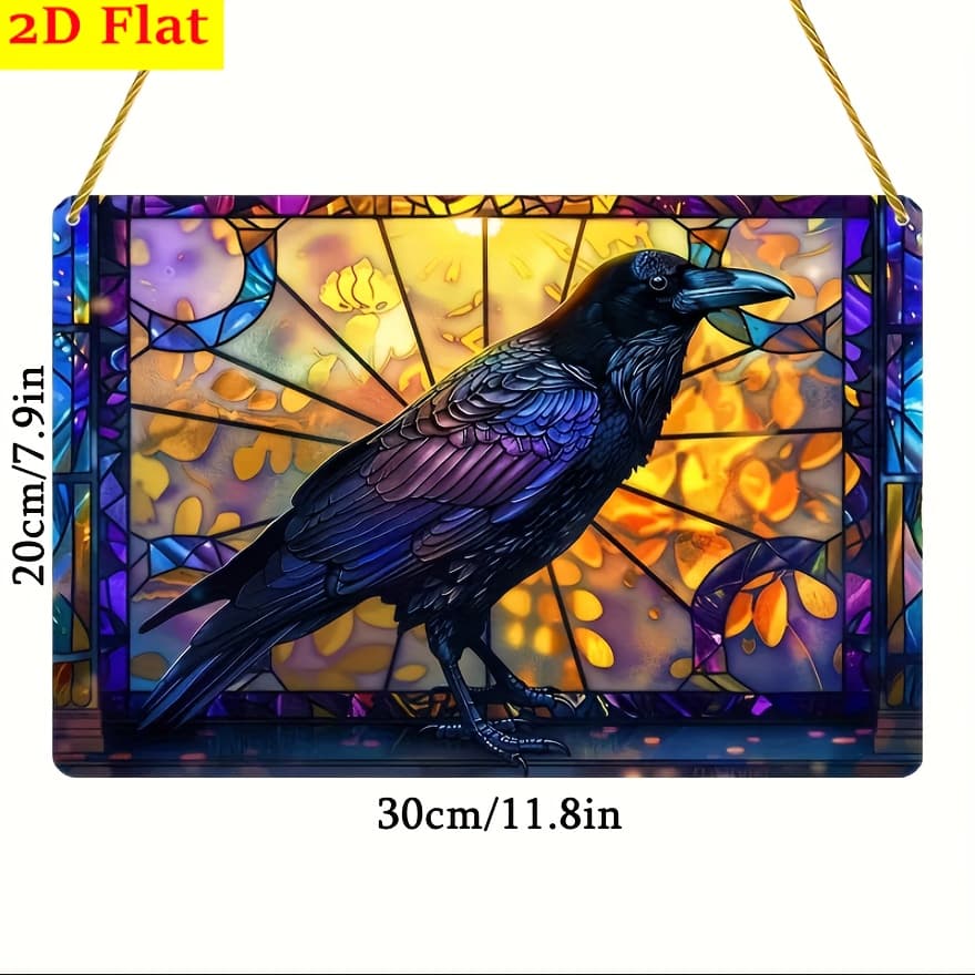 TEMU 2d Flat, 2d Flat Halloween Crow Sun , Double-sided Pattern Window Door Hanging - Acrylic Rectangular Wall Decor, Unique Gift For Home Garden Decoration, Seasonal Decor