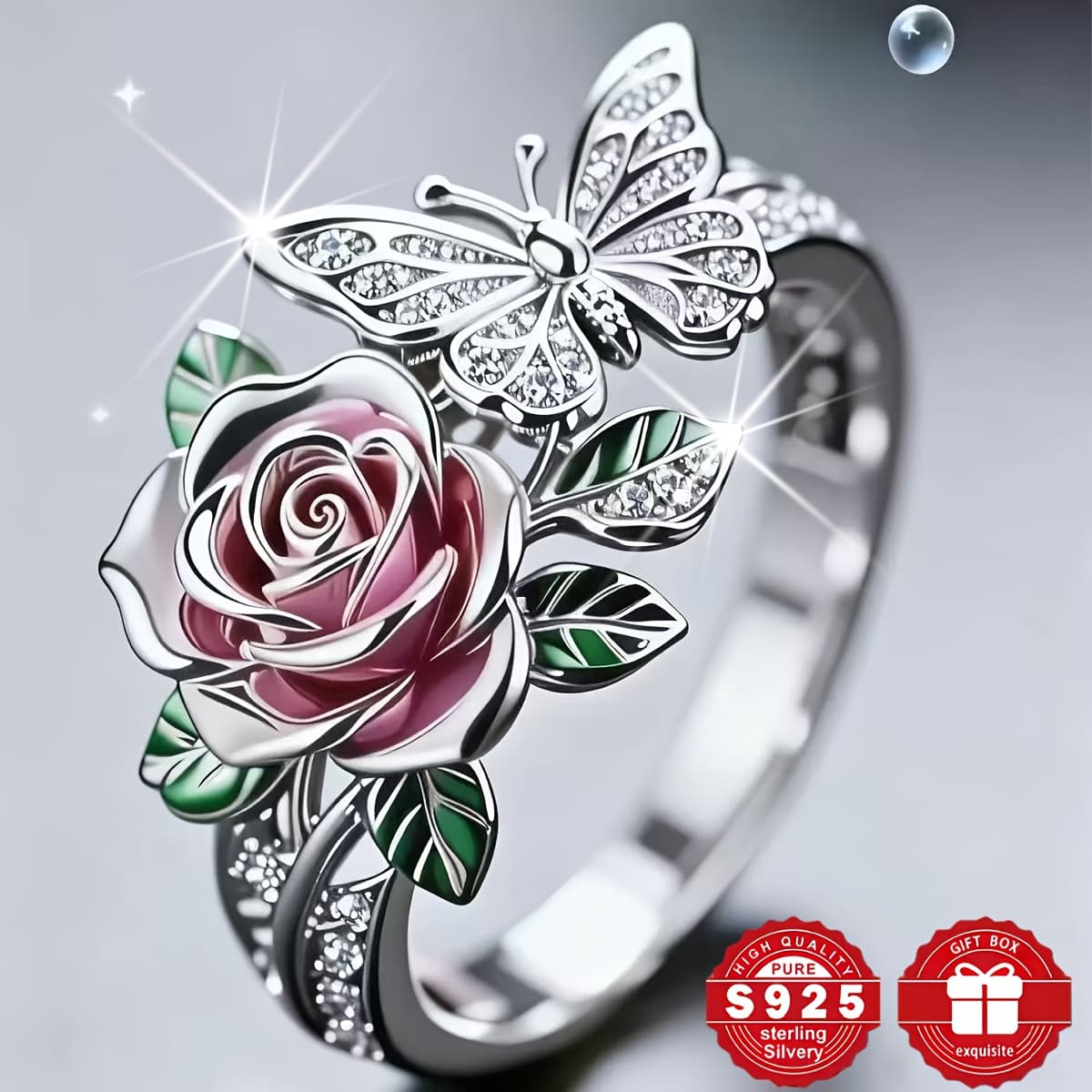 TEMU Elegant 925 Pure Silvery Rose And Drop Oil Ring, With Natural Stone Ring - Perfect For Daily Wear, , Valentine's Day, And Banquet Jewelry - An Ideal Gift For Wives And Daughters