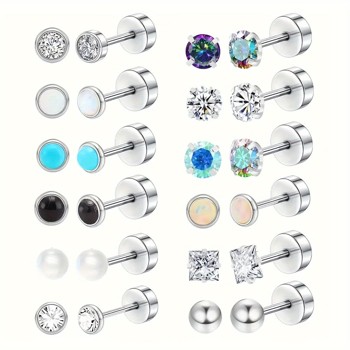 TEMU 12 Pairs Of Stainless Steel Round Ball/au Pair/colorful/round Cubic Synthetic Zirconia Stud Earrings, Fashionable And Versatile Jewelry – Perfect For Casual Attire As A Gift For
