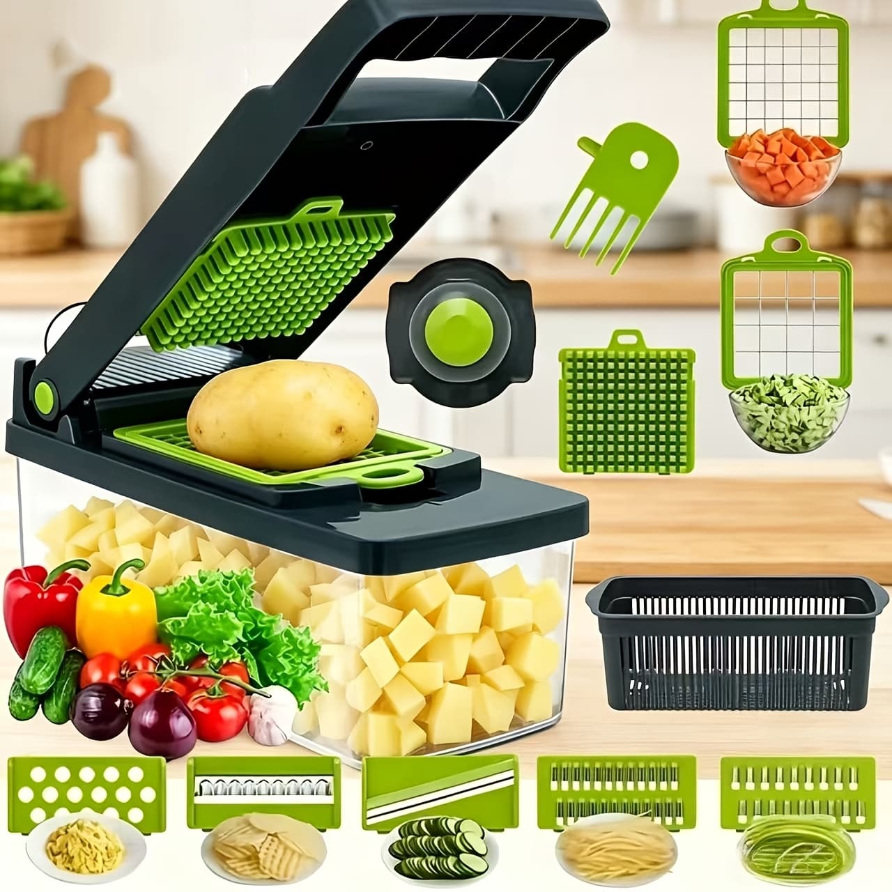 TEMU 22pcs/16pcs Vegetable Chopper: Multifunctional Food Cutter With 8 , Grey Container Included Convenient Cutting Of Food
