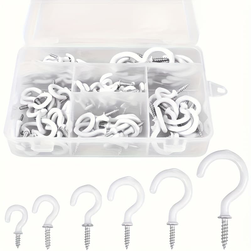 TEMU 70pcs/set Easy-install Self-tapping Screw-hooks, 6 Sizes Ceiling Screw Hook, Multi-functional Wall Mount Hooks, Vinyl Coated Hooks