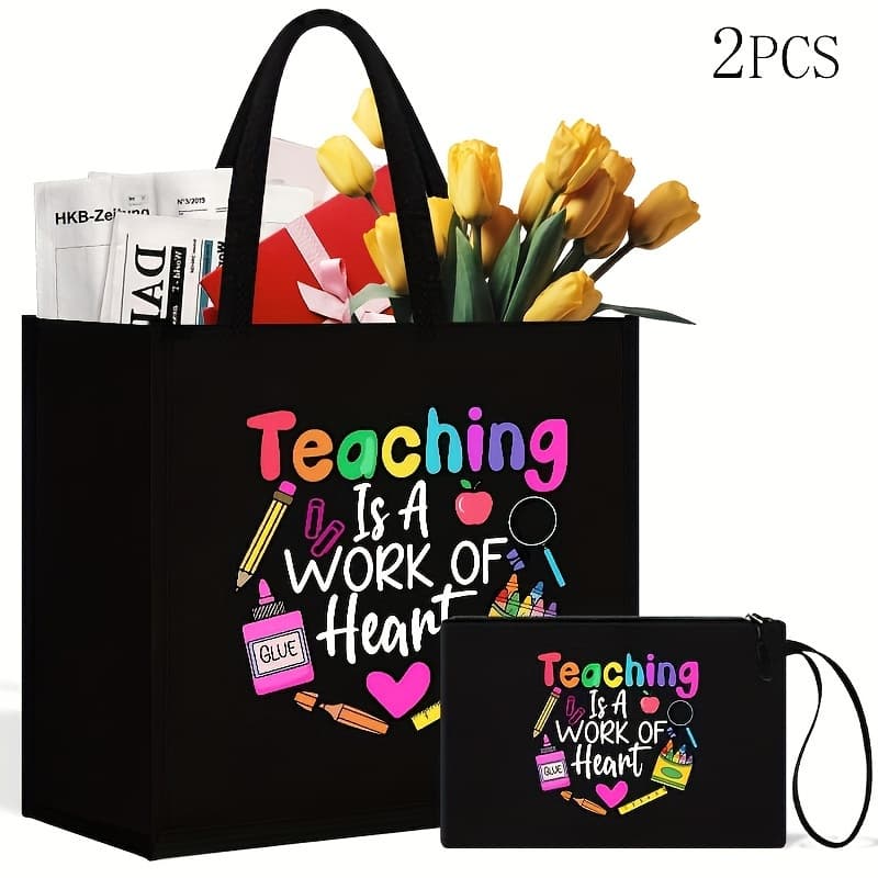 TEMU 2pcs Set Of Black Cloth Handbags, Printed, Teaching Is The Work Of , The Words, Leisure Style, Folding, Washed , Portable Travel Beach Bag, With Makeup Bag