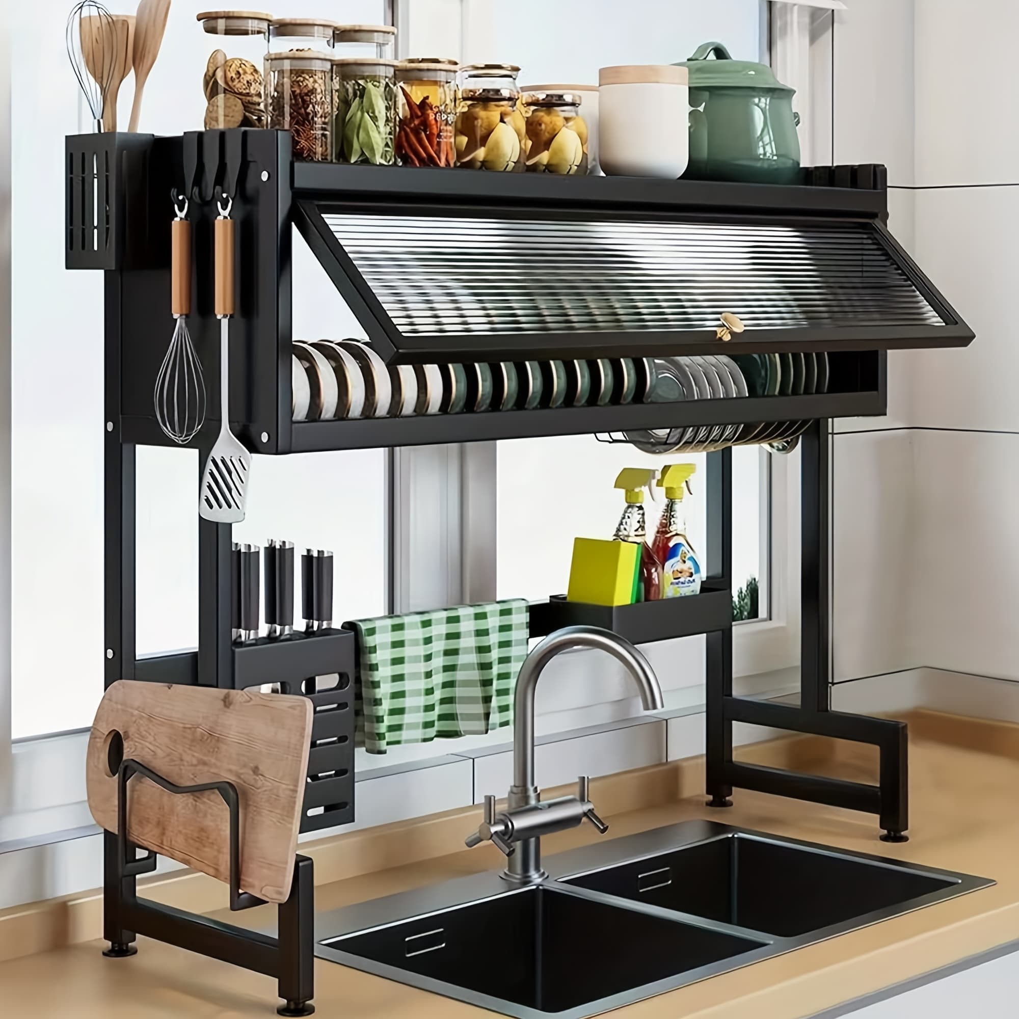 TEMU Dish Drying Rack With Cover, Over The Sink 3-tier Organizer - Large Capacity Drainer For Dishes, Glasses, Bowls & Cutlery, Counter Space With This Kitchen Storage Rack.