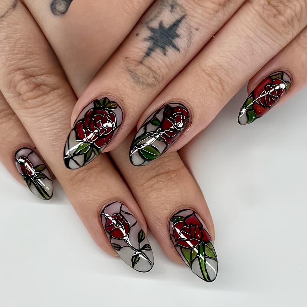TEMU 2024 High-end Style Detachable Almond-shaped Red Rose Nail Tips, Sweet And Cool Full-coverage Press-on Nails For Women And S