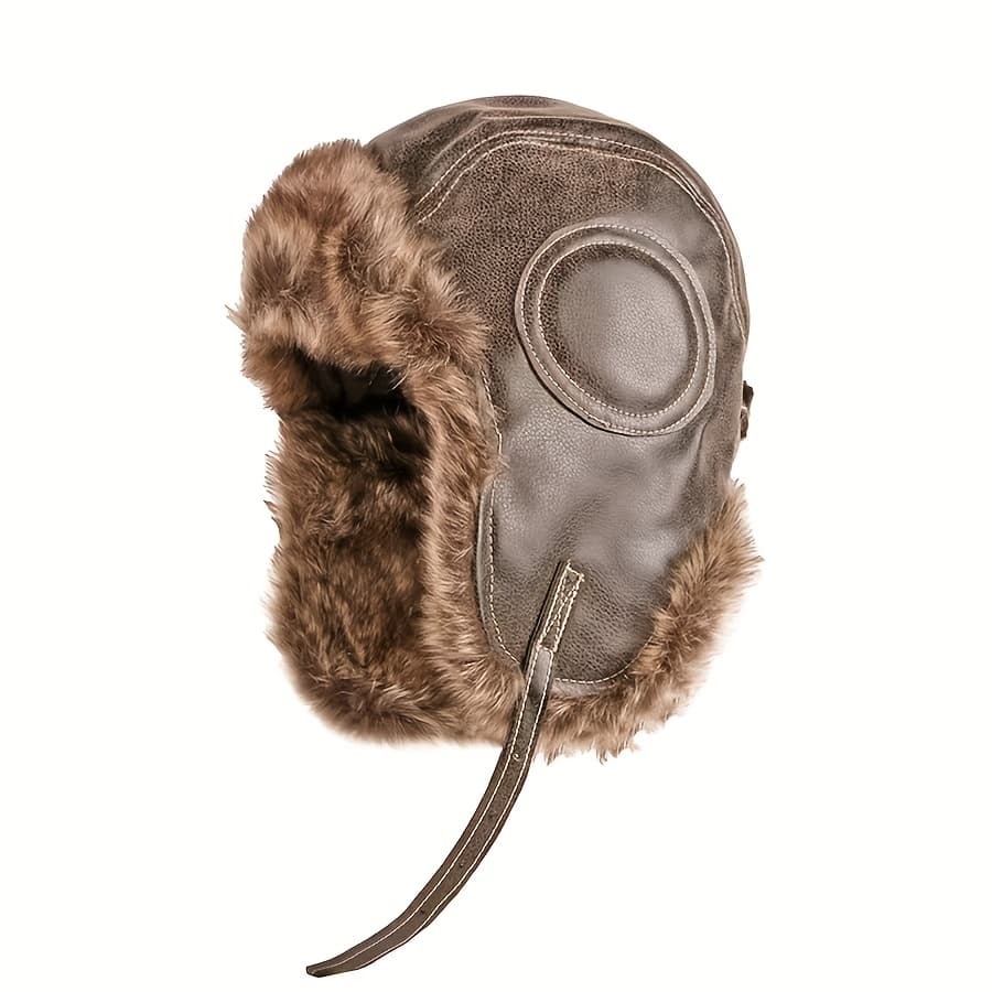 TEMU 1pc Men's Thick Leather Trapper Hat With Fur Trim - Windproof & Ear-flap Design For Snowy Weather, Ideal Gift For Him, Winter Hat