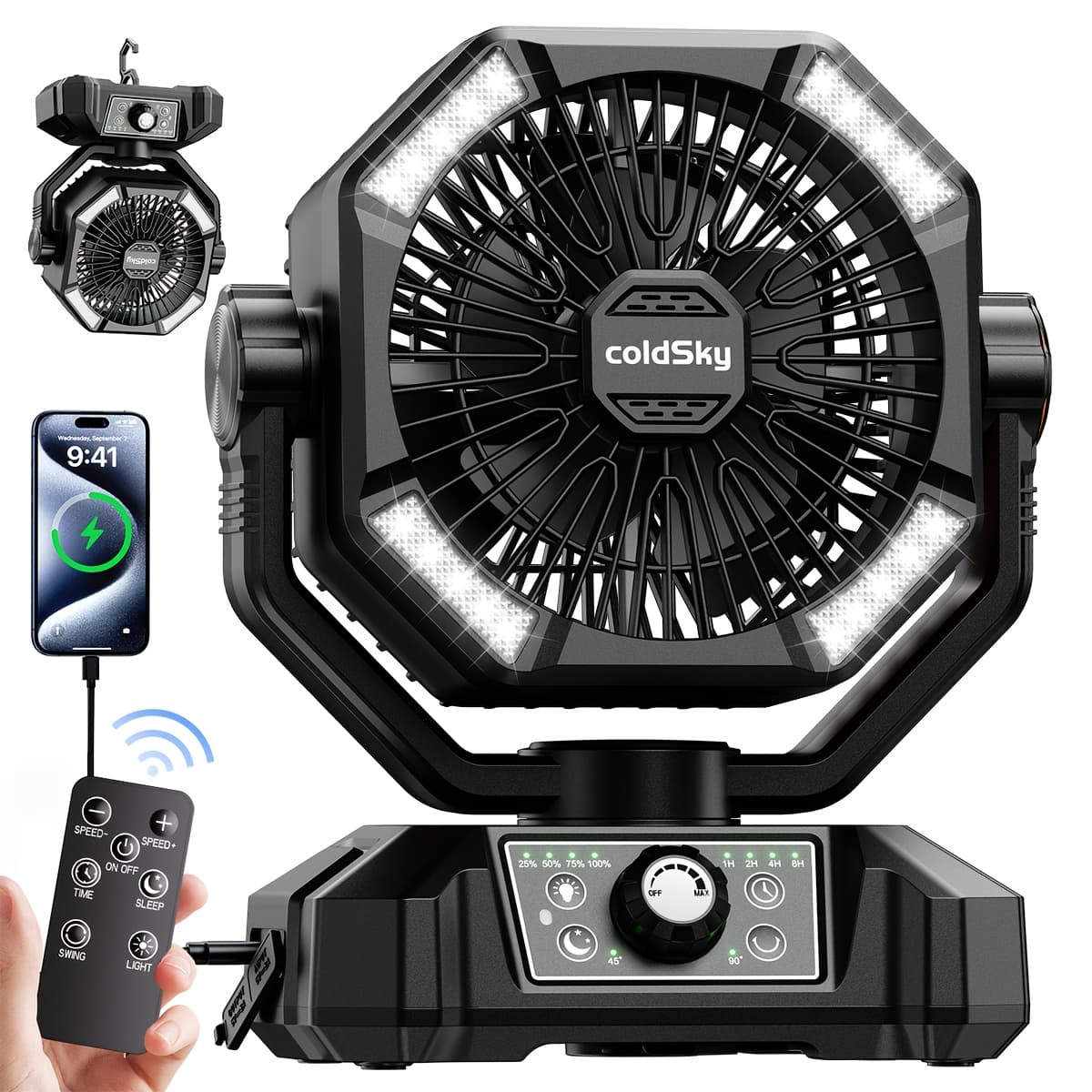 TEMU 20000mah Camping Fan With Dual Motor, Battery Operated Fan With 4 Led Lantern, 8 Desk Fan With Remote, Portable Outdoor Fan With Hook For Tent, Power Outages,
