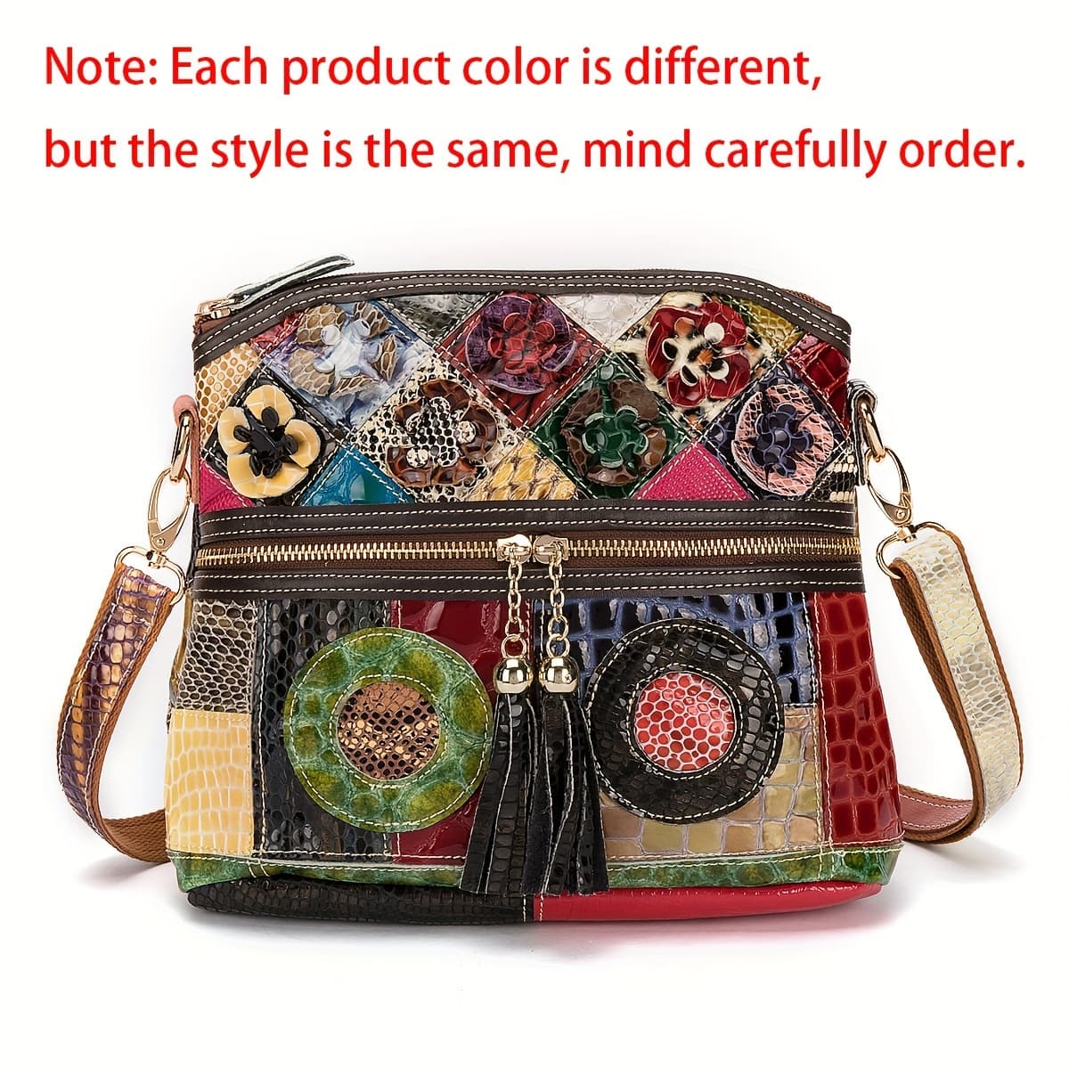 TEMU Casual Messenger Bag Snake Pattern Women's Colorful Flowers Splicing Tassels Single Shoulder Purse Cowhide Personalized Casual Women's Small Bag