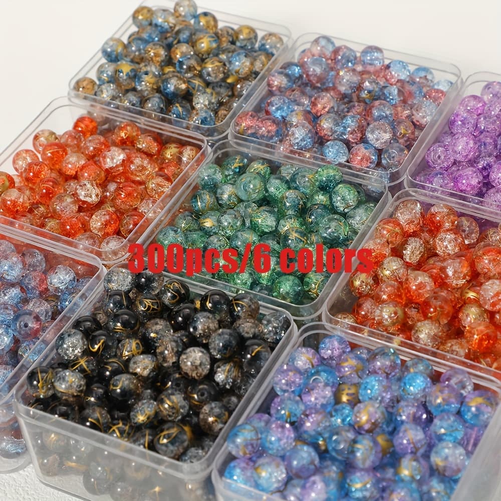 TEMU 300pcs 10mm Crackle Glass Beads 6 Colors Round Glass Beads For Bracelet Necklace Earring And Crafts Jewelry Making Assorted Mixed Glass Beads