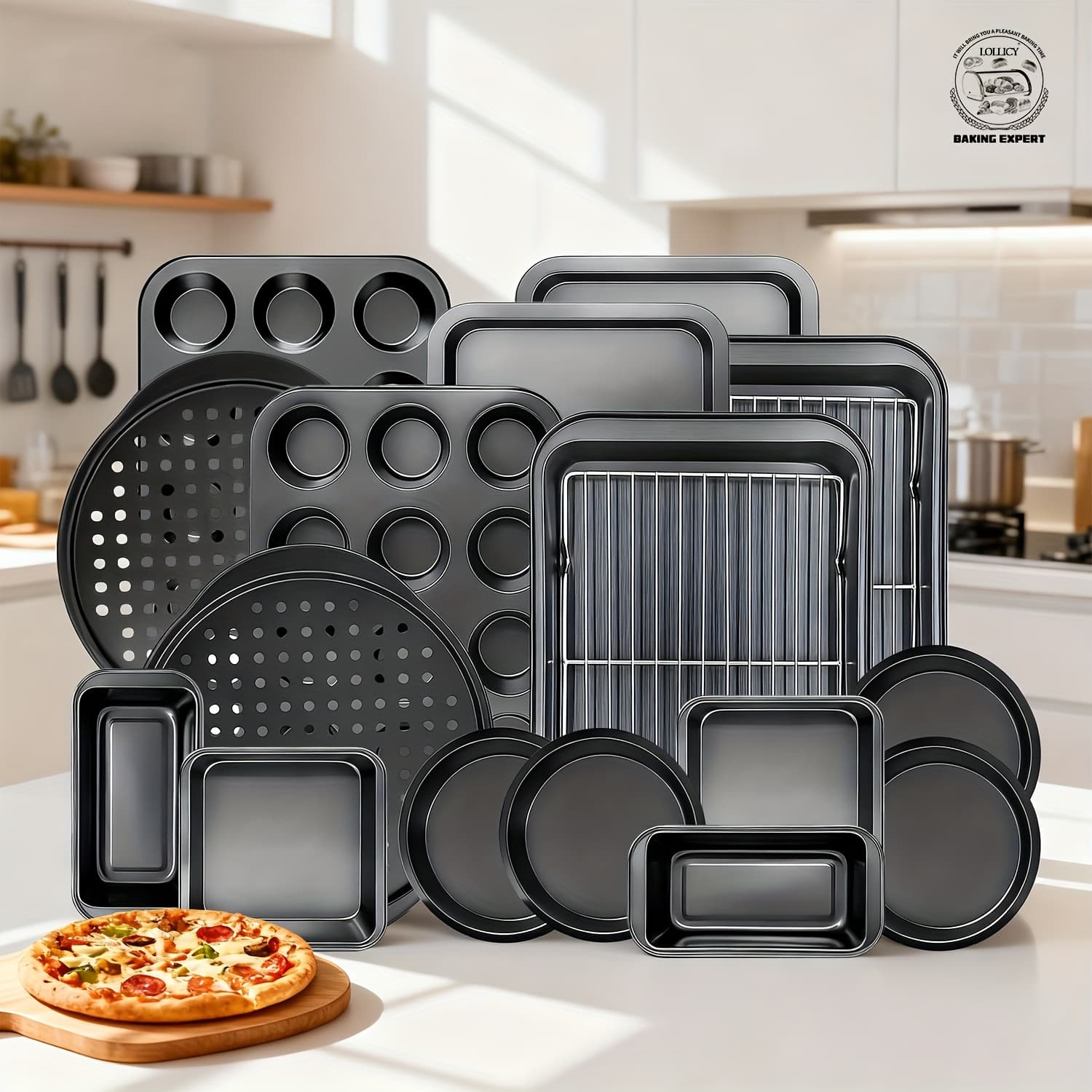 TEMU 11/12/15/18pcs Bakeware Set, Black/blue/pink/golden/grey, Heavy-duty Carbon Steel, W/cooling Racks, Heart Molds, Pizza & Muffin Trays, Ideal For Christmas Holiday Baking & Daily Home Kitchen Use