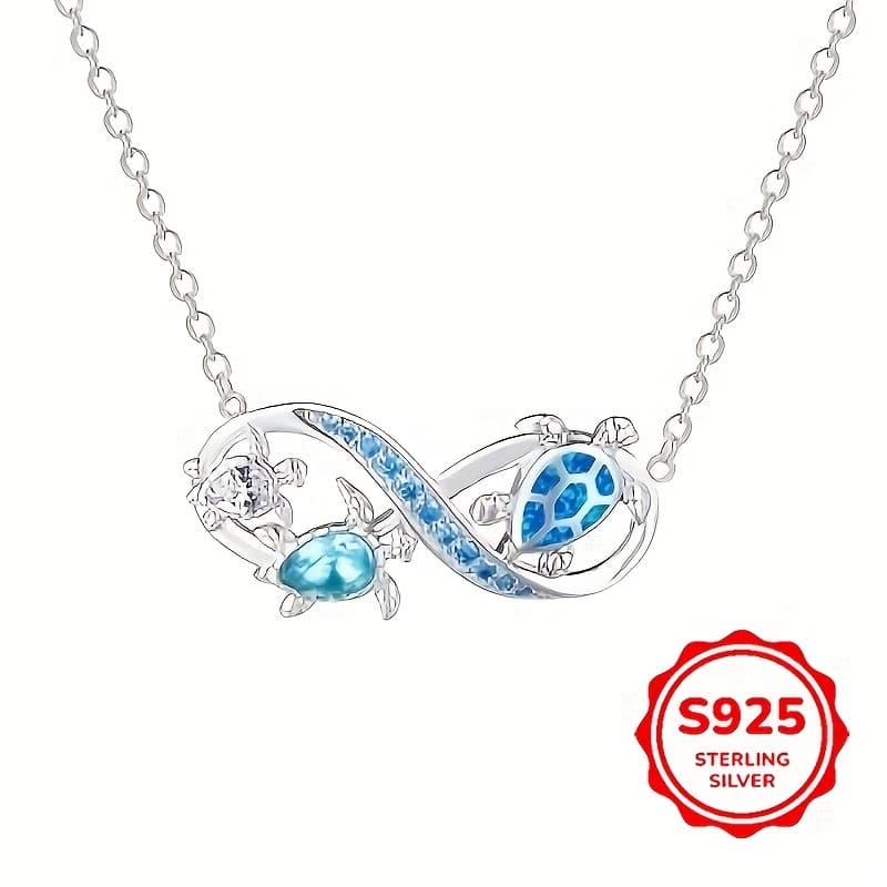 TEMU Blue Opal 3 Sea Turtles Infinity Symbol Pendant Necklace Valentine's Day Party Holiday Gift