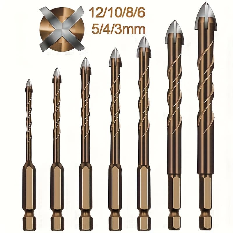 TEMU 7pcs Multifunctional Drill Bits Set, Sharp Tip, High Hardness, For Tile, Glass, Concrete, Marble, Cross Hex Shank Hole Opener Tool Kit, 3-12mm, Ideal For Christmas