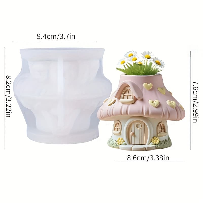 TEMU 1pc Pot Silicone Mold, Clay Silicone Mold, Mushroom House 3d Mold With Heart-shaped Cute Flowers And Rounded Windows And Doors, Strong Flexibility And High-temperature Resistance, Easy Demolding