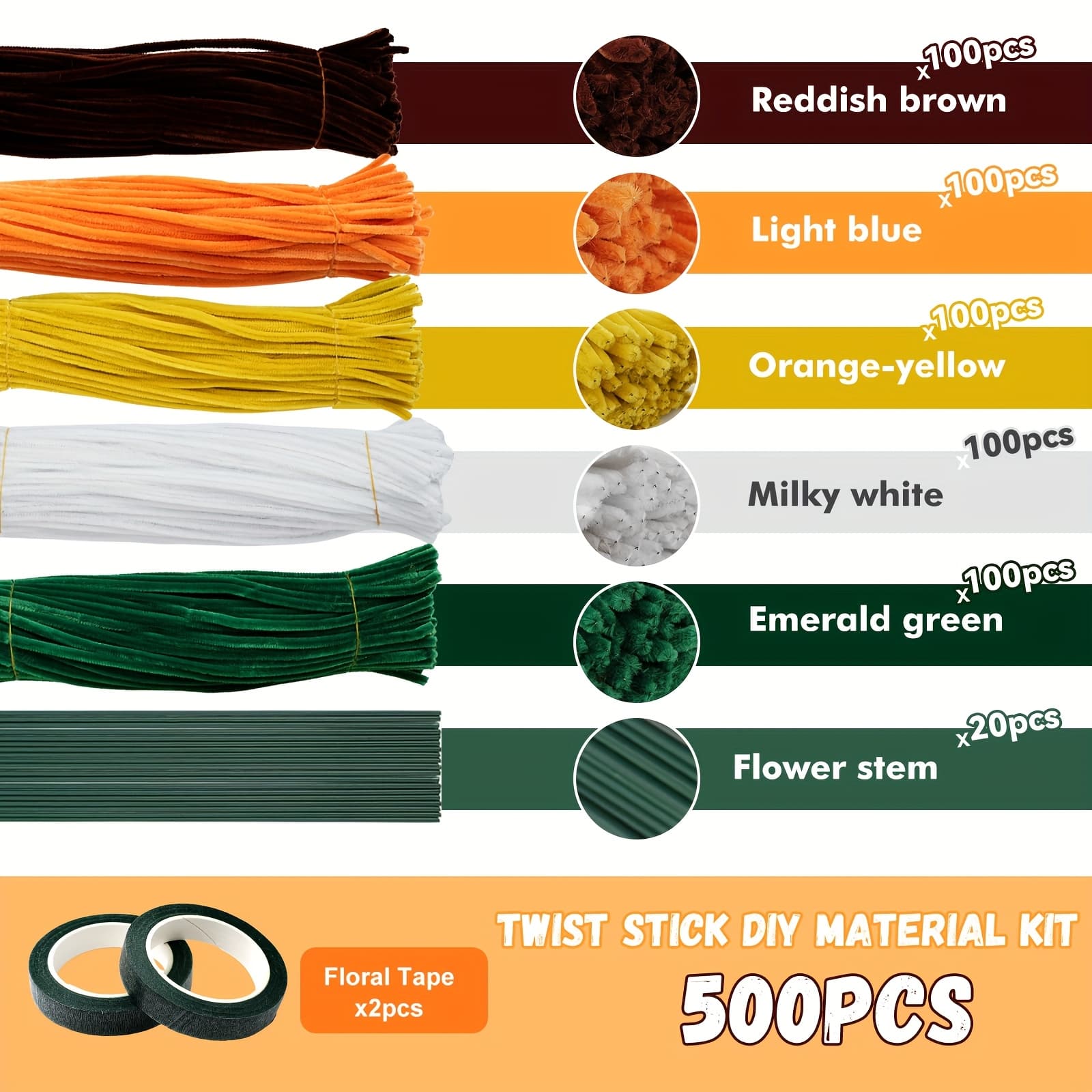 TEMU 500pcs Pipe Cleaners Chenille Stems For Flowers Craft Supplies Bulk Fluffy Fuzzy Sticks For Diy Art Projects Creative Gift Wrapping Party Decorations(sunflower Color, 12 Inch)