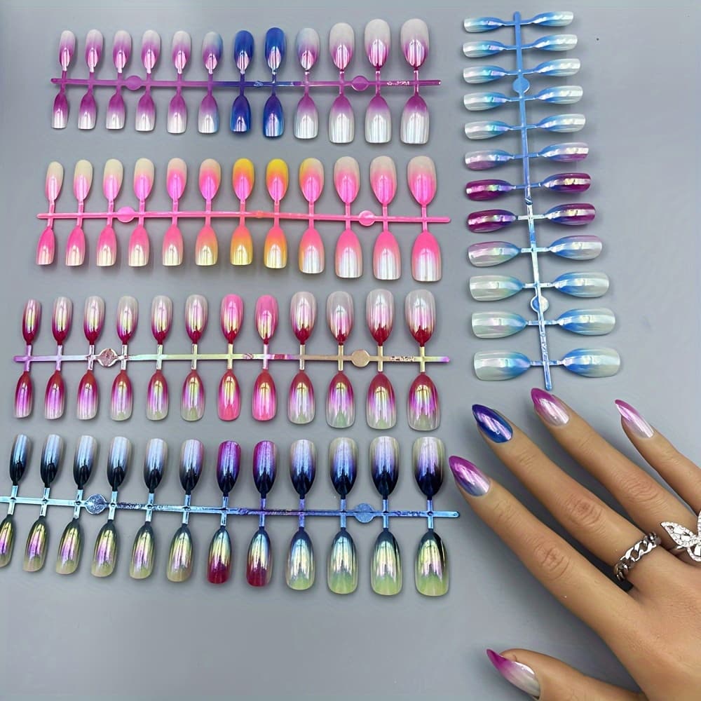 TEMU Aurora Gradient Color-shifting Short Teardrop Nails, Mixed Colors With Pearlescent Finish, Fashionable Stylish Press-on Nails For Casual Attire