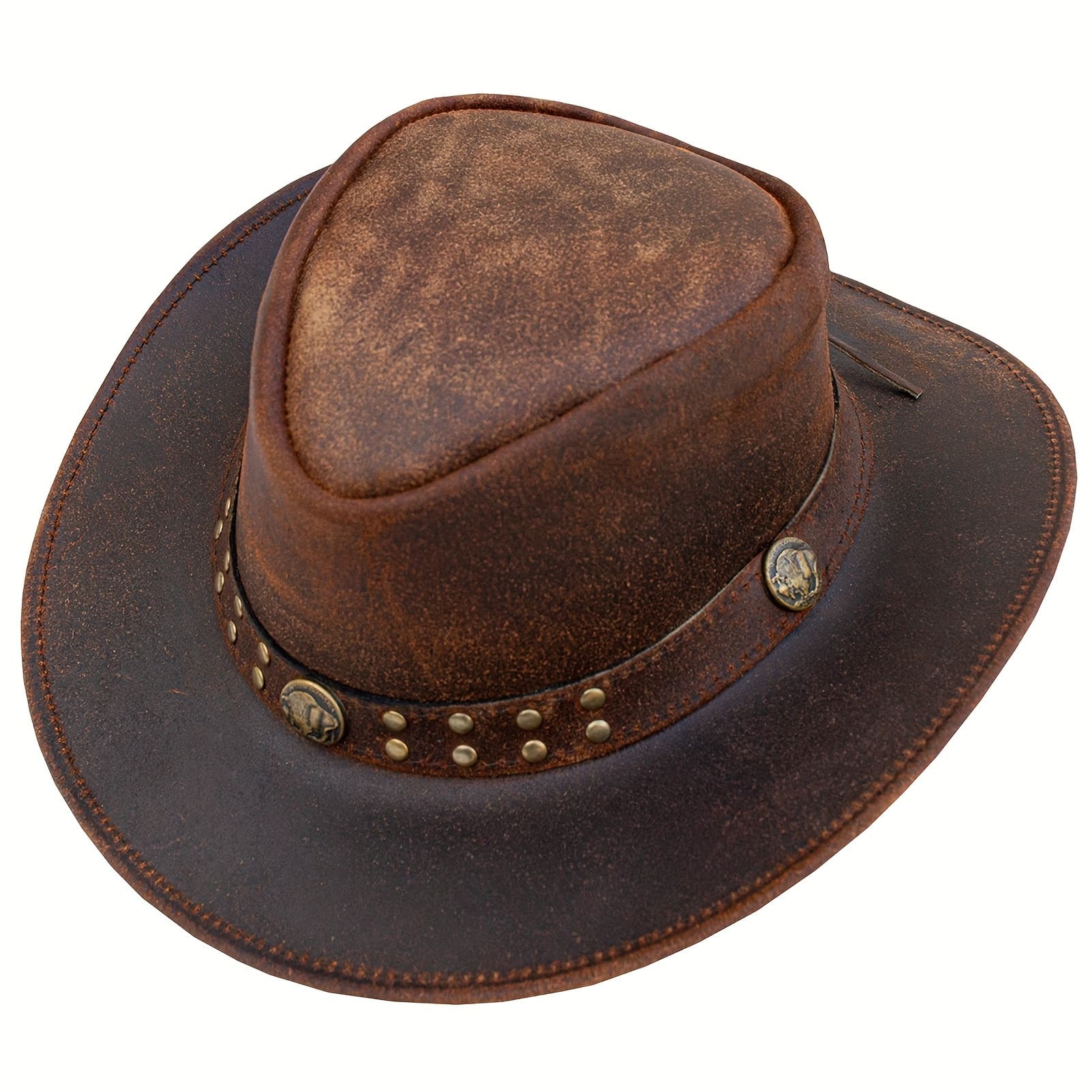 TEMU Leather Cowboy Hat For Men Women Western Australian Hat With Wide Brim, Brown Vintage Style Leather Hat For Unisex Adult With Chin Cord