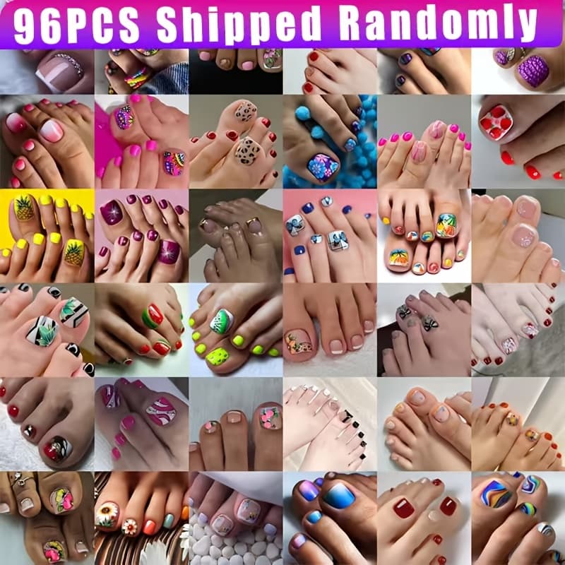 TEMU 96pcs Random Summer Press-on Toe Nails Set, Rich With Leopard Print, Fruits, Stripes & Floral Patterns, Removable False Toe Nail Tips