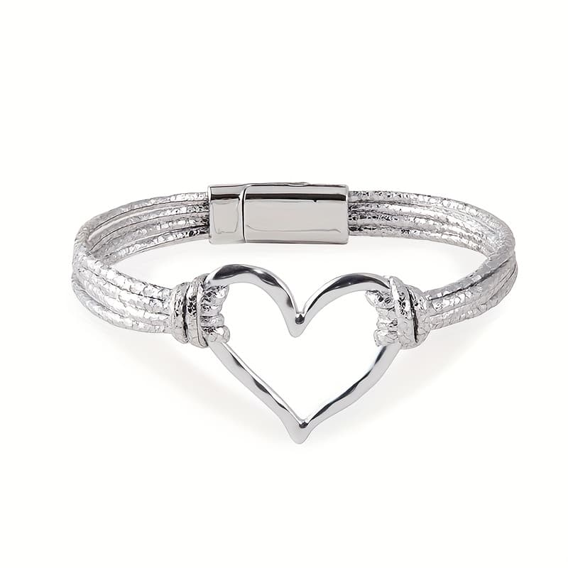 TEMU 1pc Simple Hand-woven Hollow Heart Charm Synthetic Leather Women's Magnetic Clasp Bracelet
