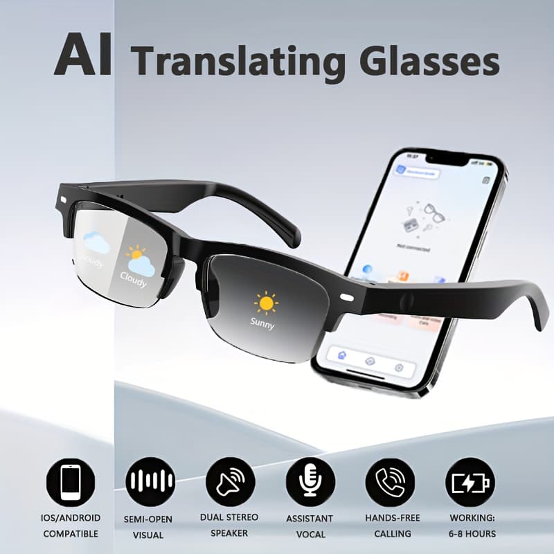 TEMU Ai Smart Translation Glasses With Wireless Audio, Real-time Voice Translator 164+languages, Open Ear Wireless Music Smart Glasses For Travel Driving Calls, Compatible With Ios , A Festive Gift