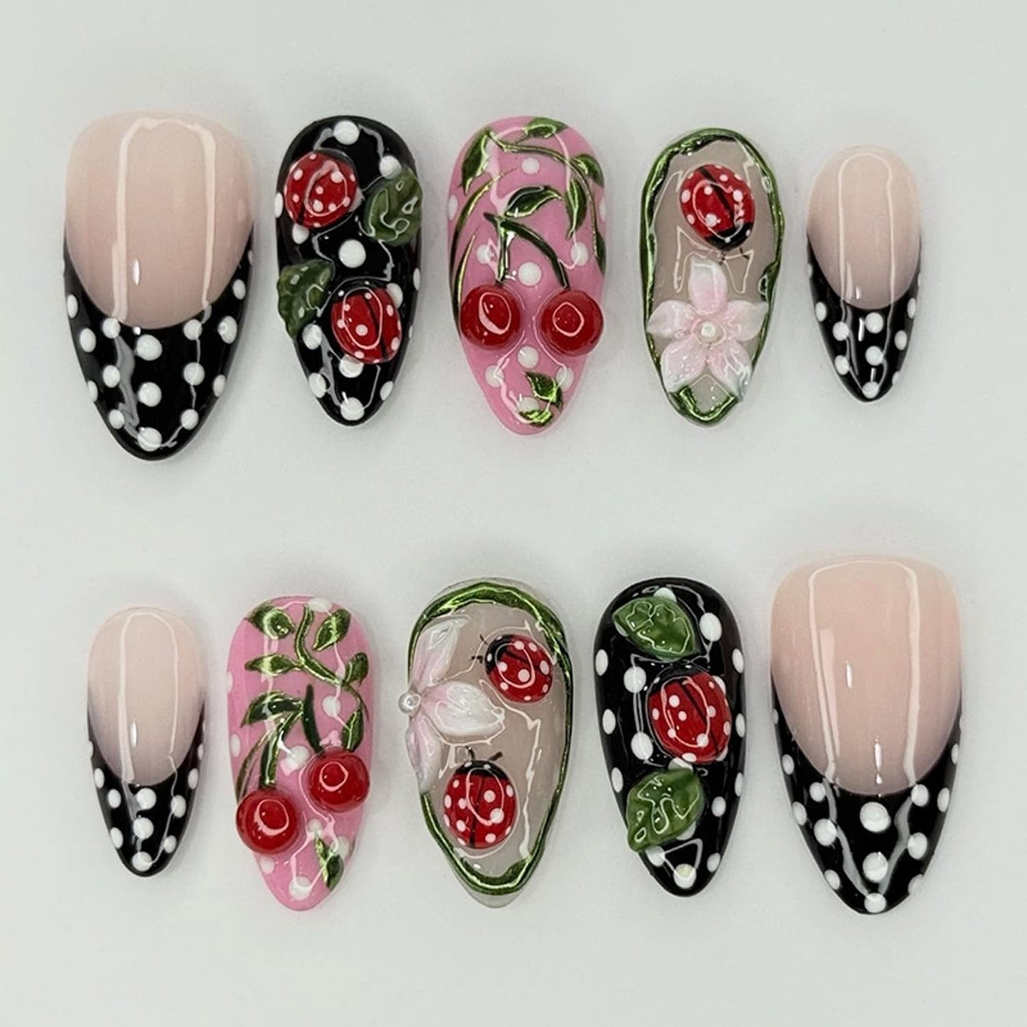 TEMU Black French Manicure With White Polka Dots - 24pcs, Cute Ladybug French Tip, 3d Translucent Flowers, For Women