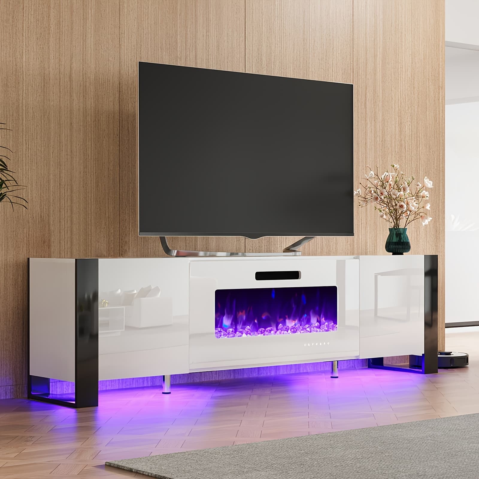 TEMU Fireplace Tv Stand With Fireplace, Modern High Gloss Entertainment Center Led Lights, U-shaped Legs Cabinet For Living Room