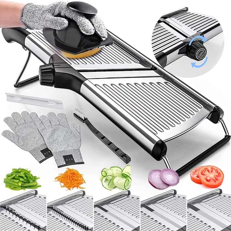 TEMU Adjustable Mandoline Slicer With Gloves & Lfgb - Heavy-duty 304 Stainless Steel Vegetable, For Potato, Onion, Cucumber, Tomato Slicing - Manual Processor With Non-slip Base & Thickness