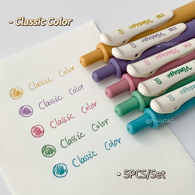 TEMU 5-pack Vintage Colored Gel Pens, 0.5mm Writing Pens, Drawing Markers, Click Pens
