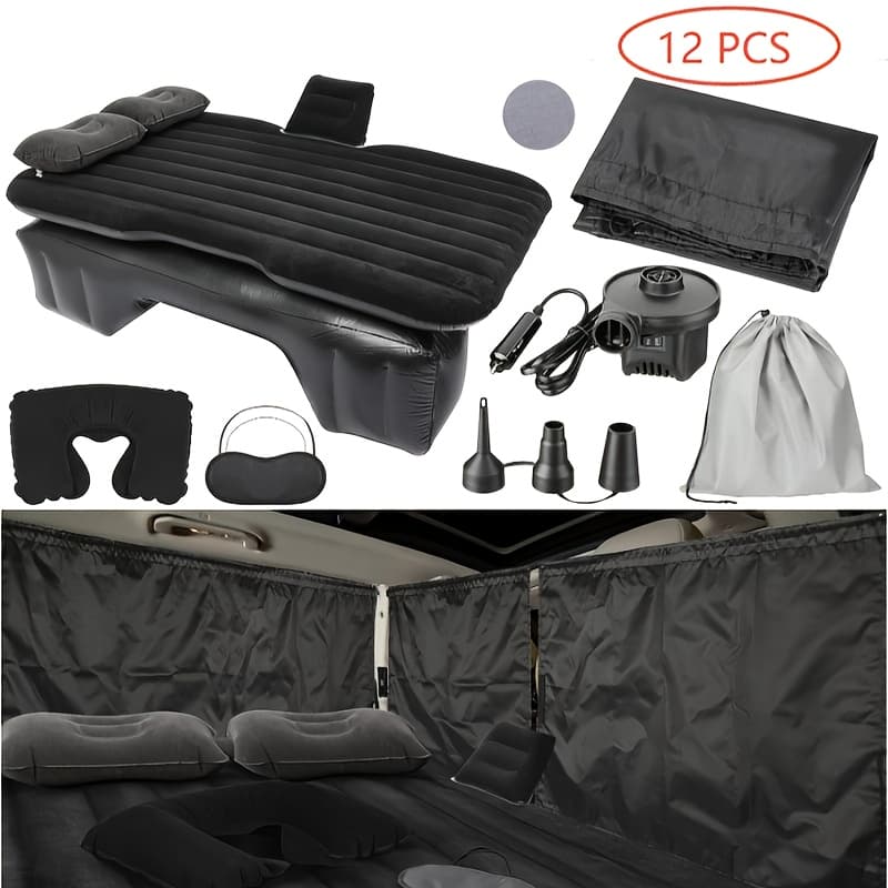 TEMU 12pcs Car Air Mattress Back Seat Inflatable Bed Suv Car Camping Backseat Truck Air Mattress Curtain Divider Window Shade Cover Portable Travel Sleeping Set