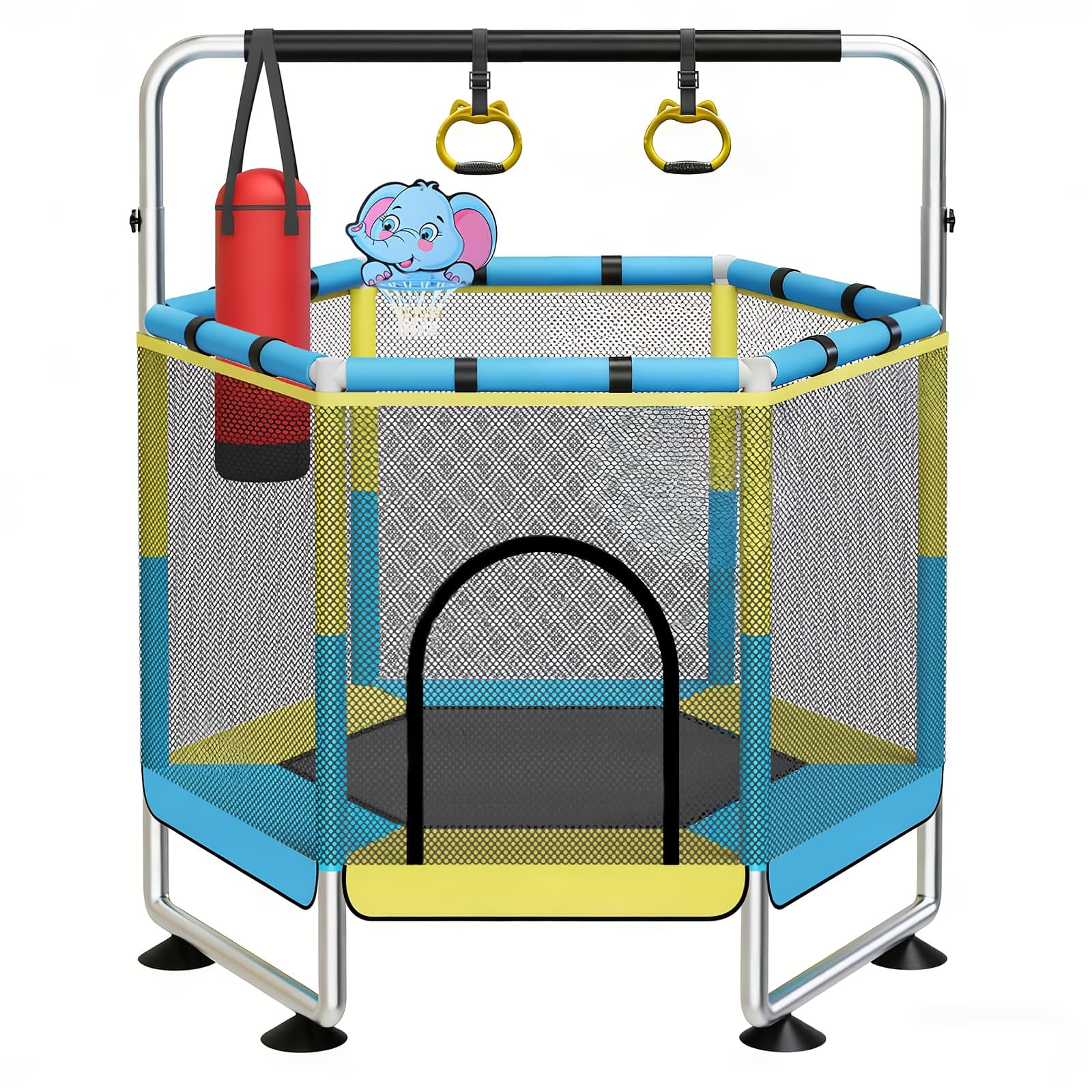 TEMU 1pc 63.7" Height-adjustable Trampoline, Safety Enclosure, 400 Lbs Capacity, Indoor/outdoor Hexagonal Trampoline, Adjustable Gymnastics Bar, Sandbag, Premium Exercise & , Holiday Gifts