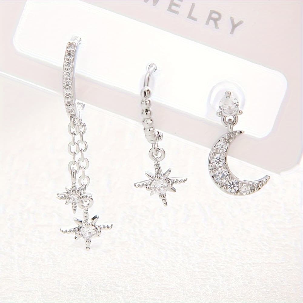 TEMU Earrings Set For Women Star Cz Dainty Stud Hoop Earrings For 3 Holes Earrings Stack, Gift For Eld, Gift For Ramadan