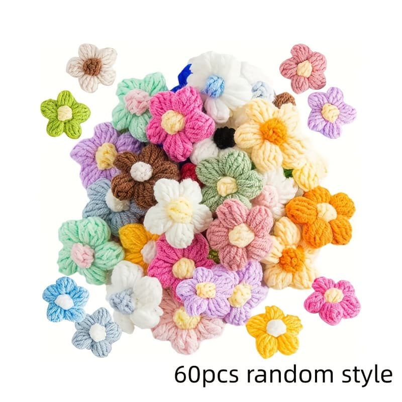 TEMU 60pcs Random Style Crochet Applique - Hand-knitted Flowers, Suitable For Craft Decorations, Headbands, Hats And Clothing Accessories, As Well As Party Gifts