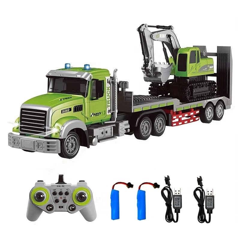 TEMU Rc Semi Truck And Excavator Set, Green Rc Transportation Truck, Rc Toy Car, Dual Remote Control Format With Lights And Birthday Gift For Boys And Girls Years Old