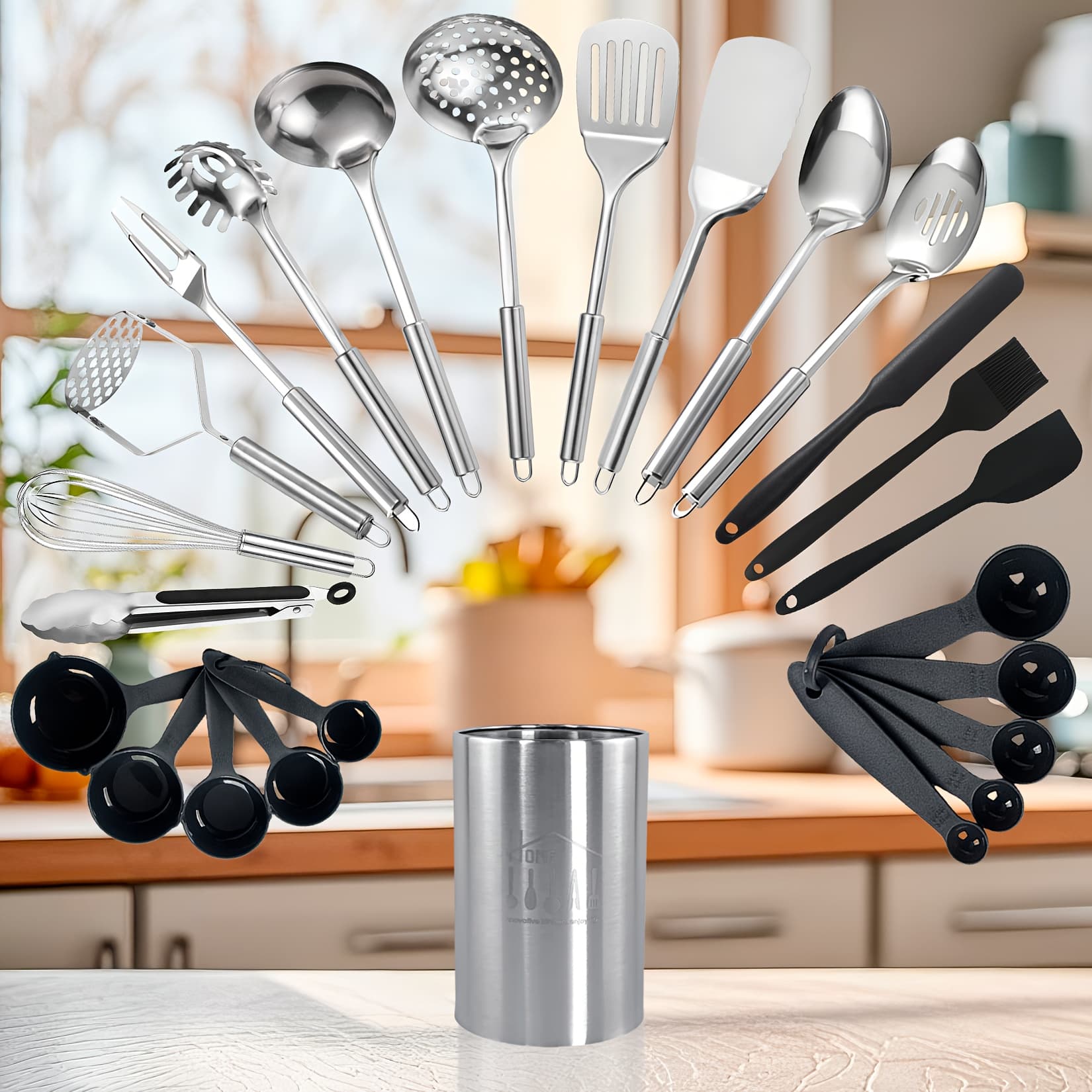 TEMU 25pcs Metal Cooking Utensils Set, Stainless Steel Kitchen Utensils Set For Cooking, Heat Resistant Spatula Set With Turners, Serving Spoon, Ladle, Skimmer, Pasta Server