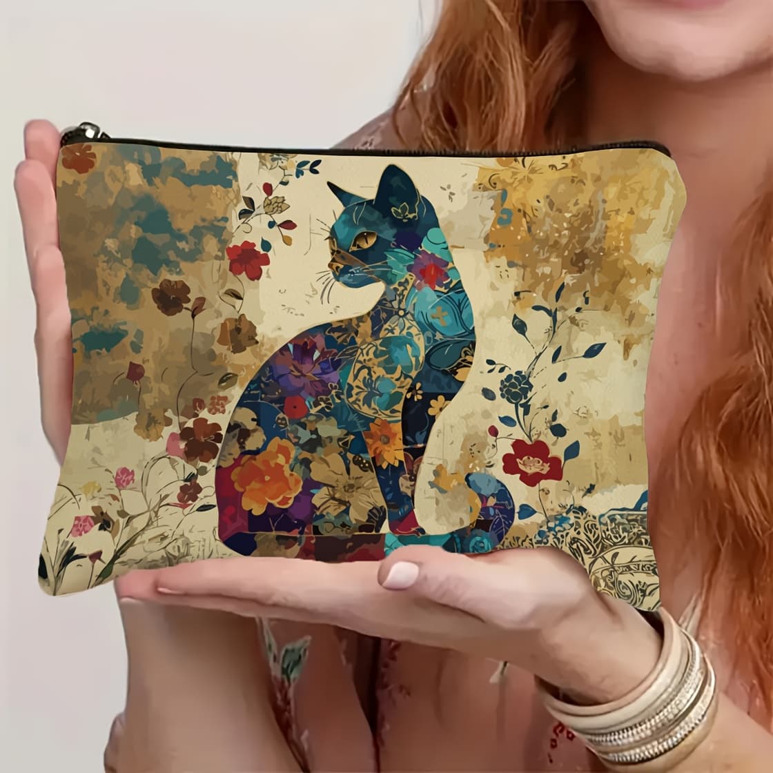 TEMU Floral Cat Pattern Makeup Bag With Zipper - Lightweight, Multi-functional Travel Cosmetic Bag For Women, Thoughtful Gift For Mom, Sisters,