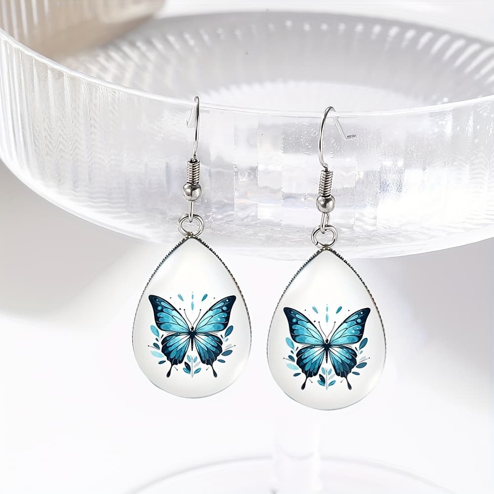TEMU A Pair Of Handmade Glass Drop Earrings Featuring Blue And Designs