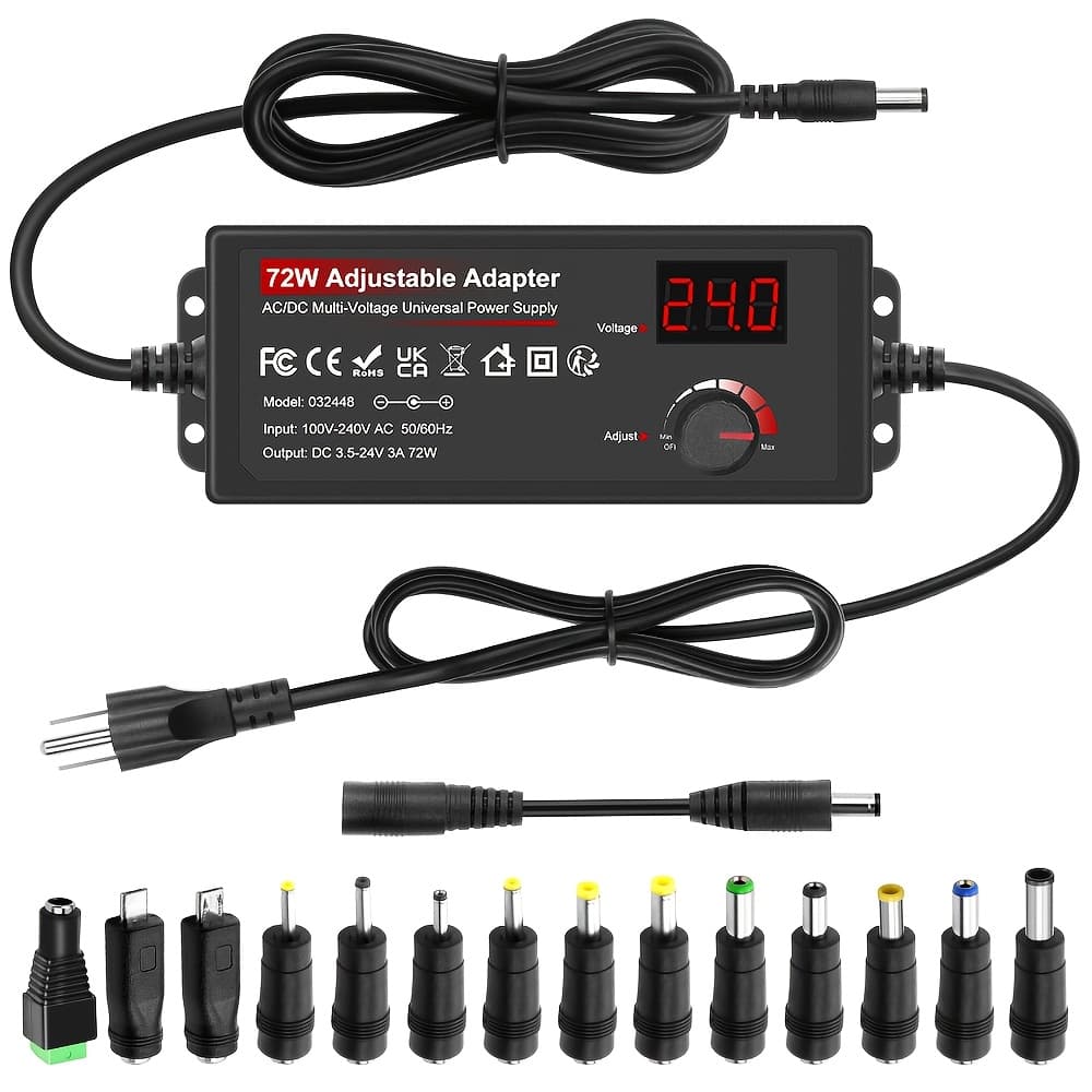 TEMU 72w , 100-240v Ac To 3-24v Adjustable Power Supply, Knob Adjustable, With Lcd Screen And Voltage Display, With Positive And Negative Adapter Cables, And 14 Different Types Of Adapters