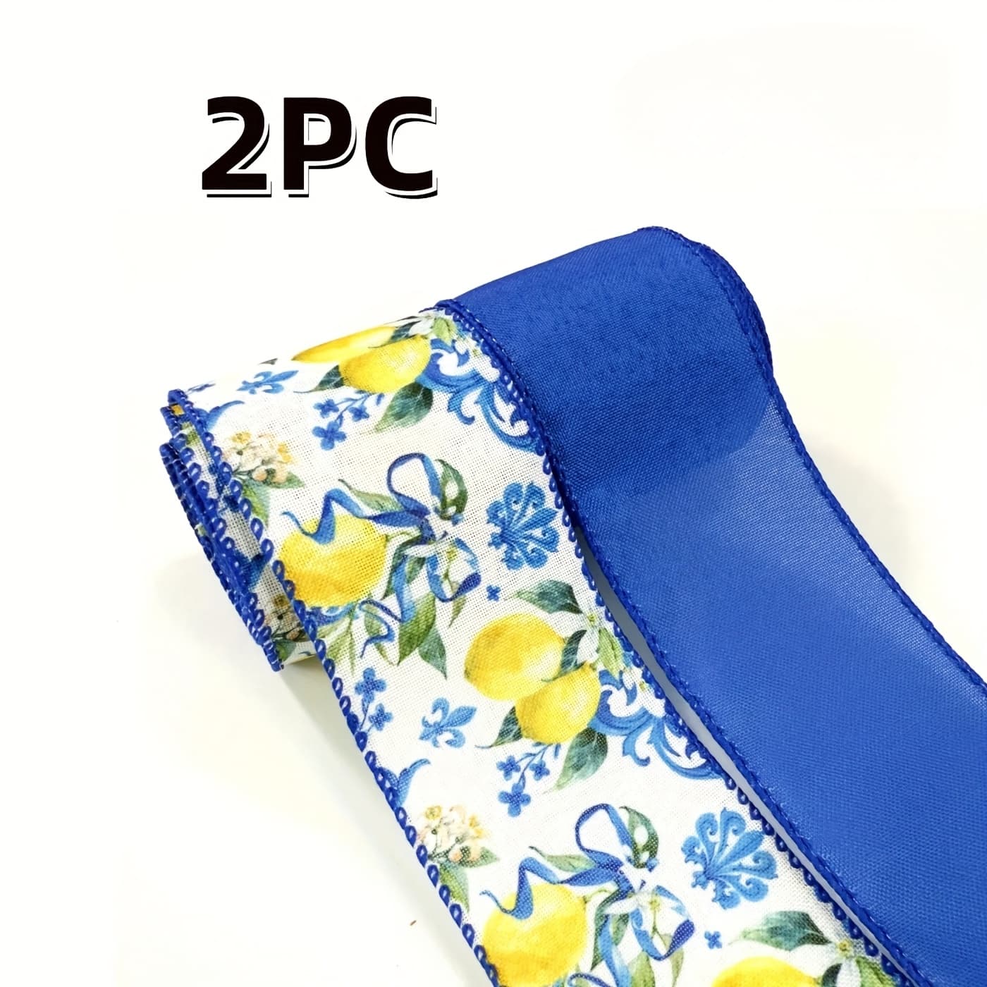 TEMU 2 Rolls Lemon Wired Edge Ribbon - Blue Tile Lemon Floral Craft Ribbon With Stitched Edges, Durable Polyester For Summer Baby Shower, Birthday Gift Wrapping, Wreath & Diy Crafts