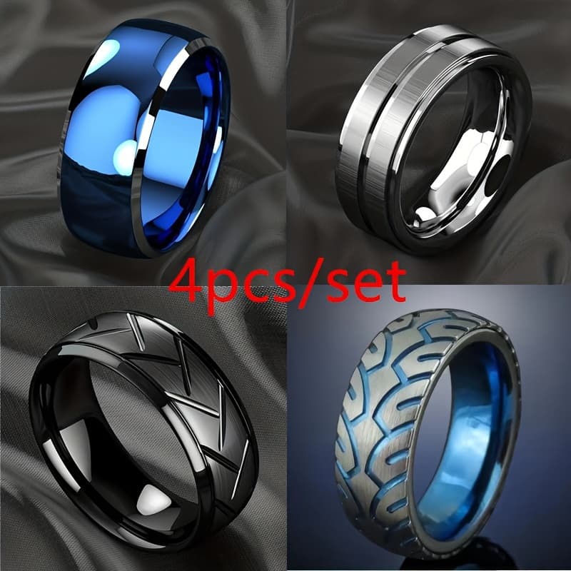 TEMU 4pcs/set Of Blue And Black Stainless Steel Tire Pattern Men's Rings - Brushed Engagement And Wedding Rings, Hypoallergenic, Jewelry