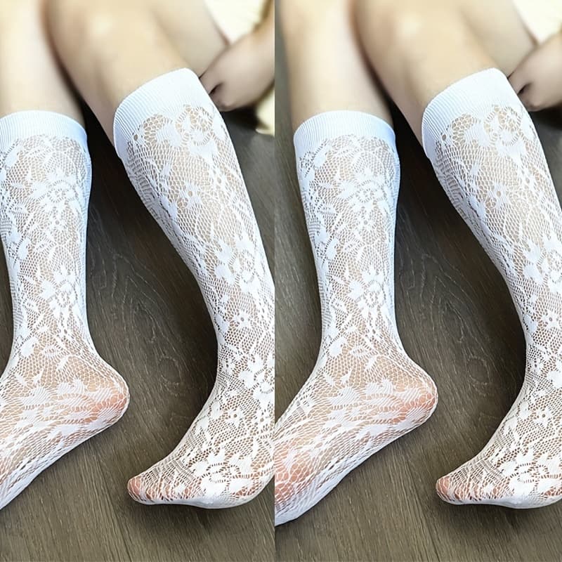 TEMU Of Jk Mid-calf Mesh Socks With For Women, Trendy Lolita Style Style Long Socks, Hollow-out Style, Black And White