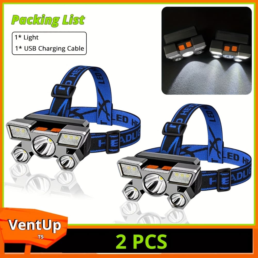 TEMU 2pcs 5led Rechargeable Headlamp, Blue Stretch Elastic Band, Adjustable Angle, Usb Rechargeable, Built-in Battery, 4 Lighting , Suitable For Fishing, Hiking, Night Emergency Lighting