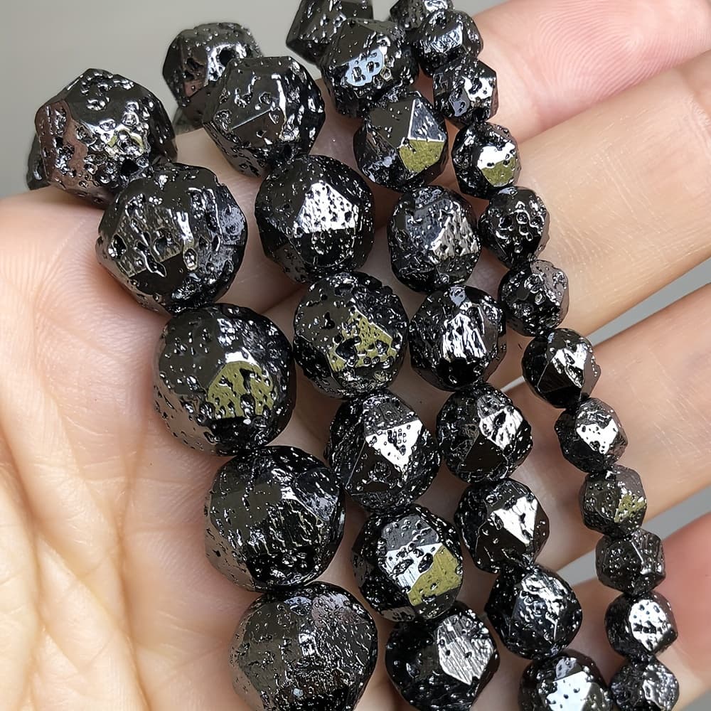 TEMU Natural Black Stone Beads, 61/46/36/28pcs - 6 8 10 12mm Loose Beads For Jewelry Making, Diy Necklace And Craft Supplies, Unique Textured Design