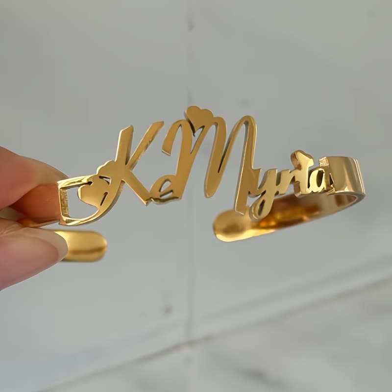 TEMU Personalized Golden-tone Stainless Steel Open Cuff Bracelet With Custom Name Engraving – Elegant & Bohemian Style For Casual Attire, Parties, And Gifting