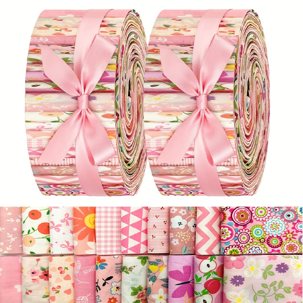 TEMU A Set Of 40 Pre-cut Pink Floral Fabric Strips Featuring Bright Floral Designs, Polka Dots, And Gingham, Perfect For Quilting, Sewing, Projects, And Scrapbooking