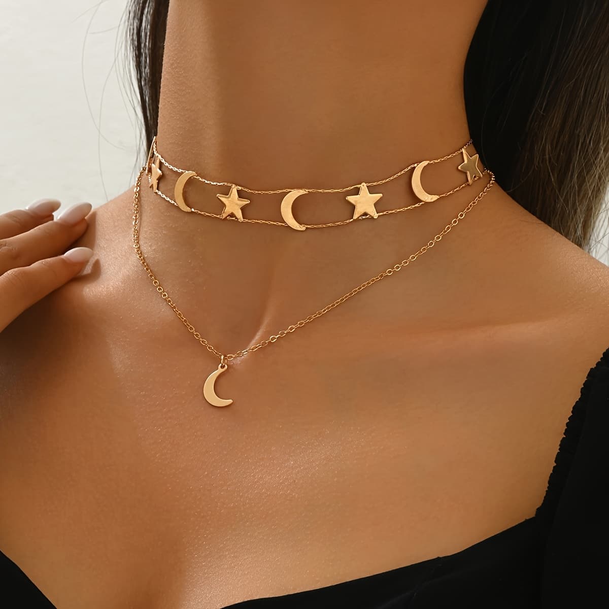 TEMU 1pc Star And Moon Necklace, Vintage Middle Eastern Ramadan Double-layer Minimalist Star And Moon Pendant Choker, Holiday Gift Jewelry
