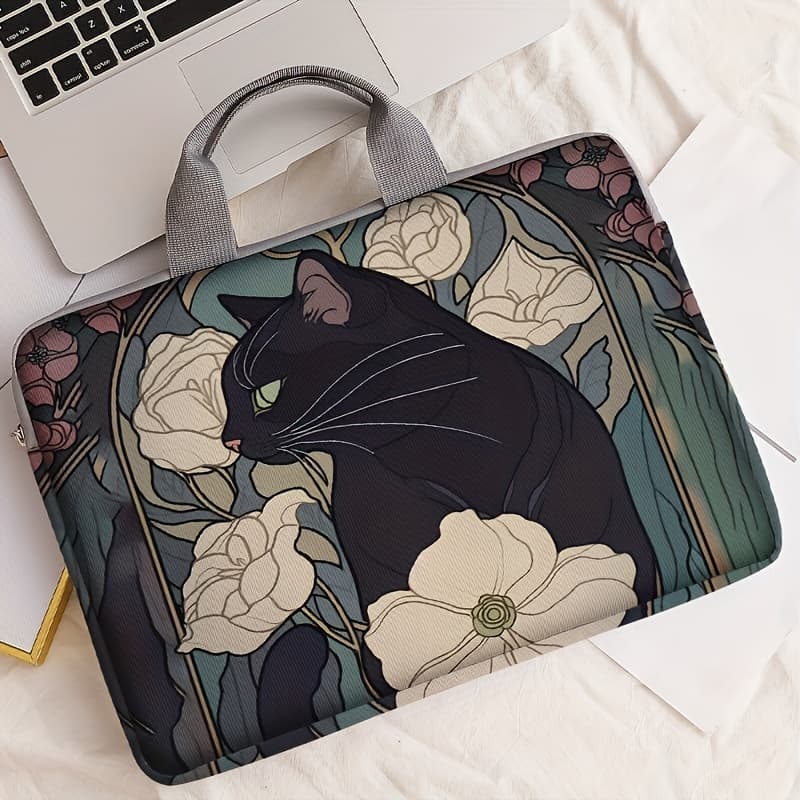 TEMU Black Cat With Peonies Laptop Sleeve - 14.96" Compatible, Zip Closure, Printed Polyester, Suitable For Office, College, And Daily