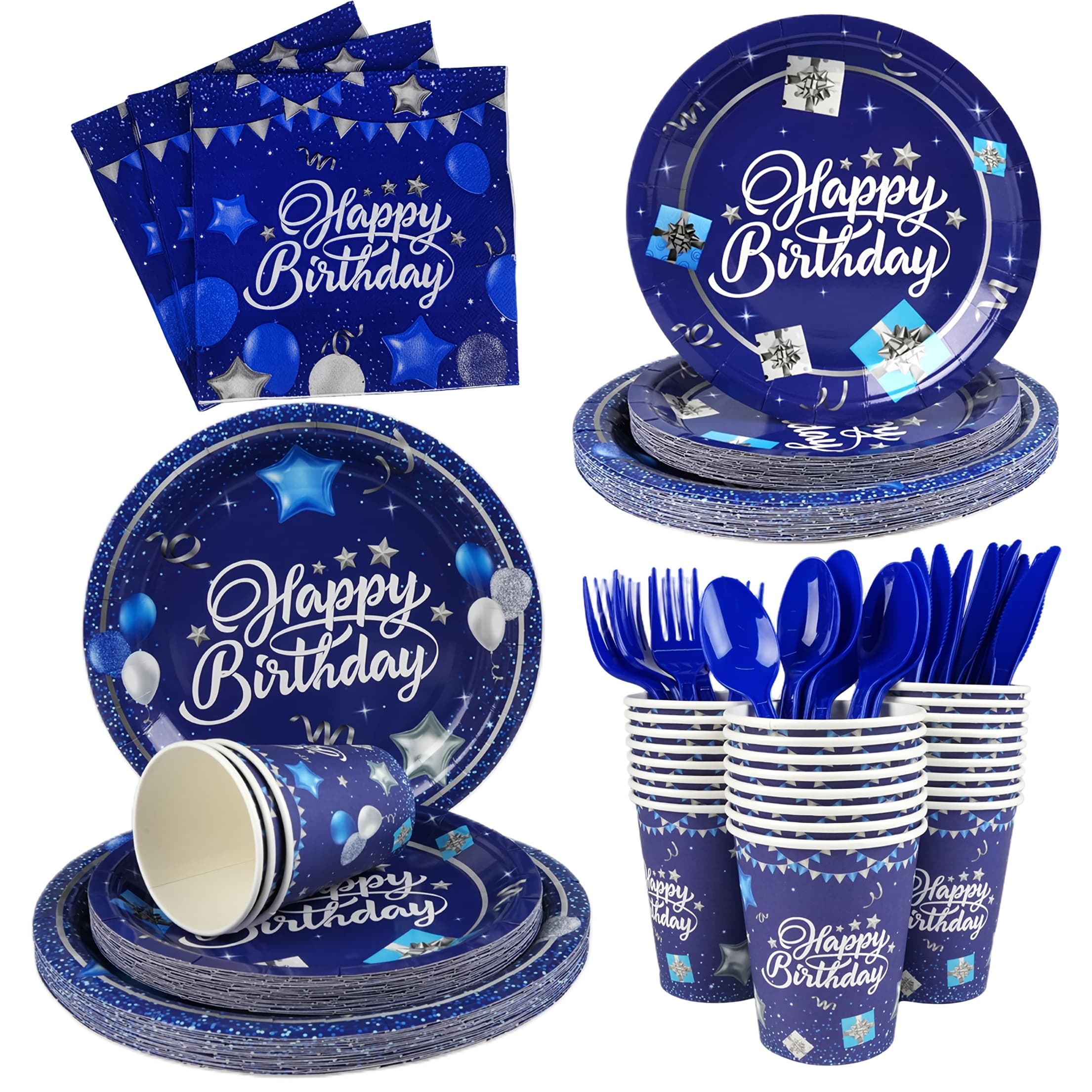 TEMU 175pcs Birthday Tableware Set In Navy And Silvery, Featuring Disposable Paper Trays, Tissues, Cups, Knives, Forks, And Spoons, Designed For 25 Guests, Ideal For Party Needs ()