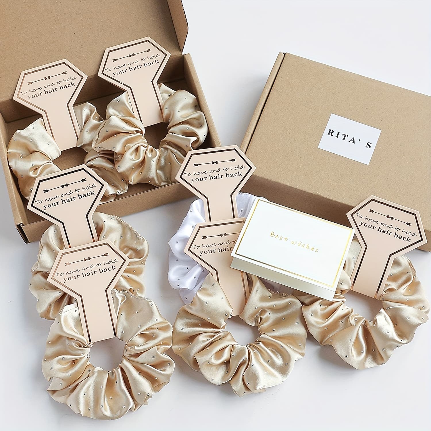 TEMU 7pcs Bridal Gift Set With Diamond Satin Hair Ties, Greeting Cards, And Additions For And Bridesmaids, Packaged As A Party Gift Box